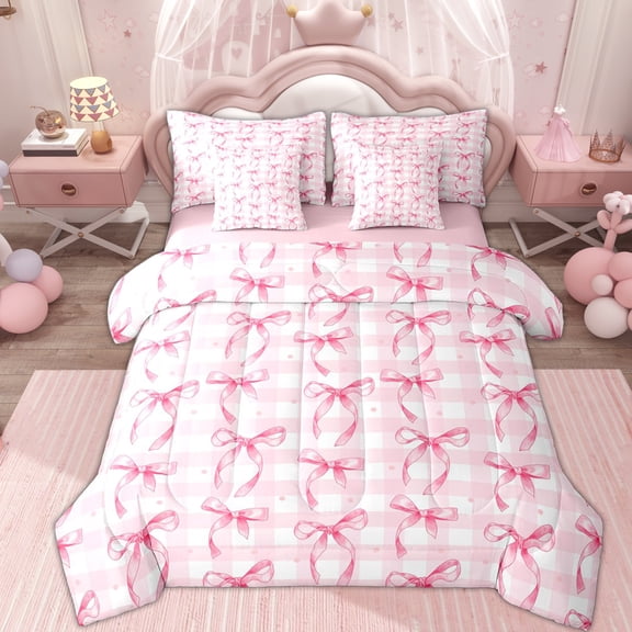 Erosebridal Cute Bowknot Kids Twin Bedding Sets 7-Piece, Buffalo Plaid Bedding Comforter Set, Pink Reversible
