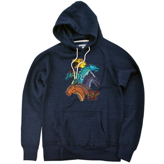 Wings of Fire Dragon Heads Unisex Adult Slim Fit Pull-Over Heather Hoodie, Navy, Small
