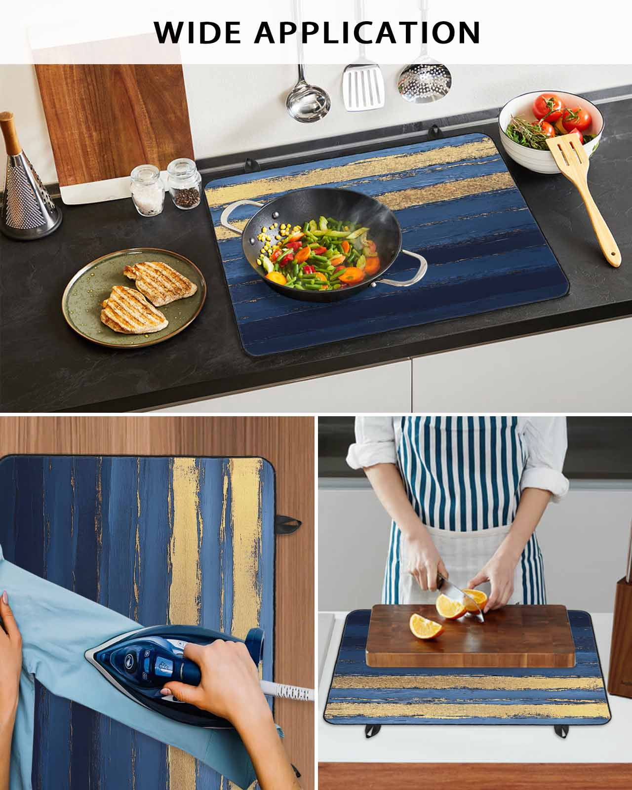 nqOlkjepod Large Induction Cooktop Protector Mat 36"x21", Blue Gold Wave Stove Top Covers for Electric Stove, Summer Coastal Ocean Stripe Decorative Stove Burner Cover Mats, Glass Top Stove Cover