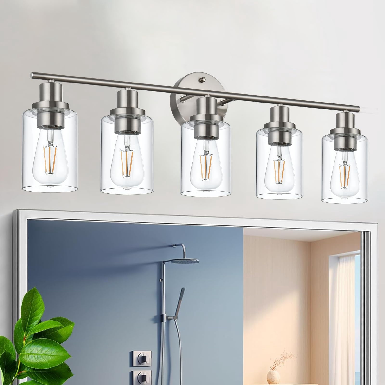 Melucee 5-light Vanity Light with Round Plate – Brushed Nickel Modern Bathroom Light Fixture, Dimmable Wall Sconce for Mirror, Bedroom, Makeup Area