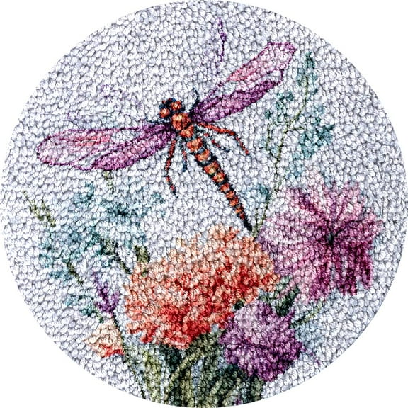 Dragonfly and Flowers Latch Hook kits Rug Color Printed Round Shape Crochet Yarn Embroidery Needlework DIY Hook and Latch Kit Carpet Cushion Home Christmas Decoration 50x50cm(1)