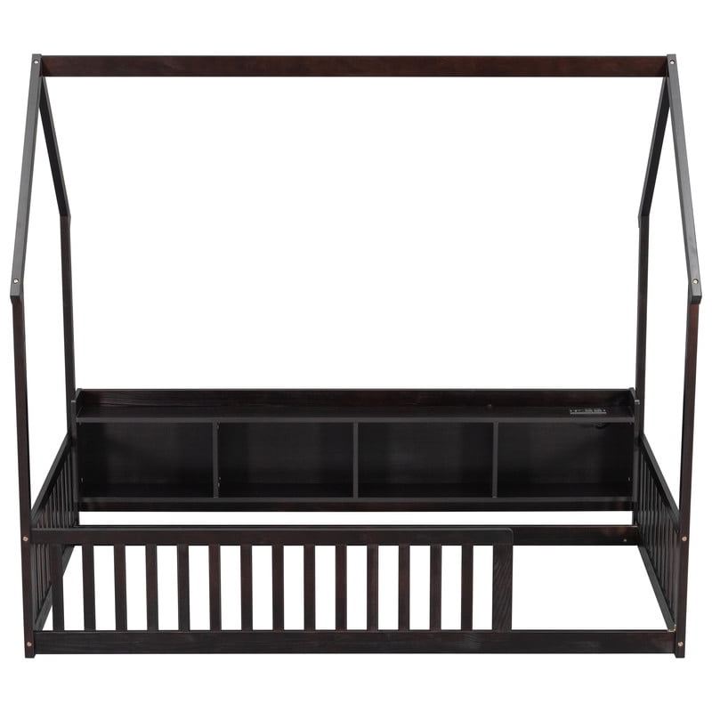 Twin Size House-Shaped Canopy Bed with Roof, Wood Kid's Floor Bed Frame with Storage Shelves, LED Lights & Charging Station