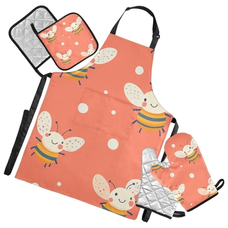Cute Bee Pattern Oven Mitts and Pot Holders with Chef Apron Set 5 Pcs Kitchen Cooking Set