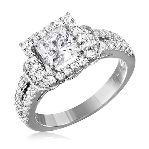 Rhodium Plated Sterling Silver 925 Square Design Center Ring Band White Cubic Zirconia Female Size 9