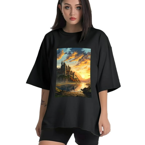 Plus Size Shirt for Women Black Tops for Women Short Sleeves Shirt for Women Castle (88） T Shirt Crewneck Shirt for Women XS