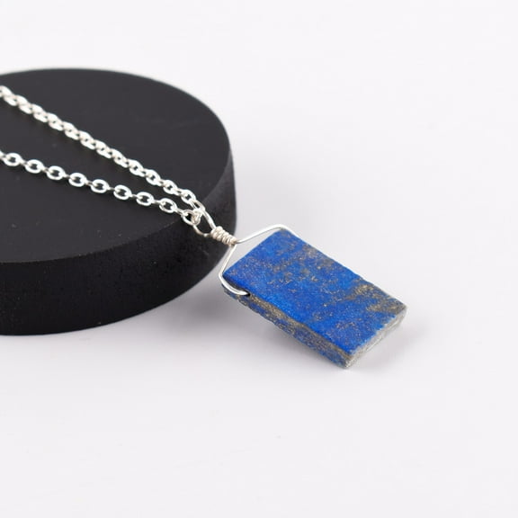 QNAVIC Natural Raw Lapis Lazuli Gemstone Rough Slices Handmade Dainty Pendant Necklace Healing Chakra Crystals Birthstone Gift for Women Silver Plated Chain 18 inch