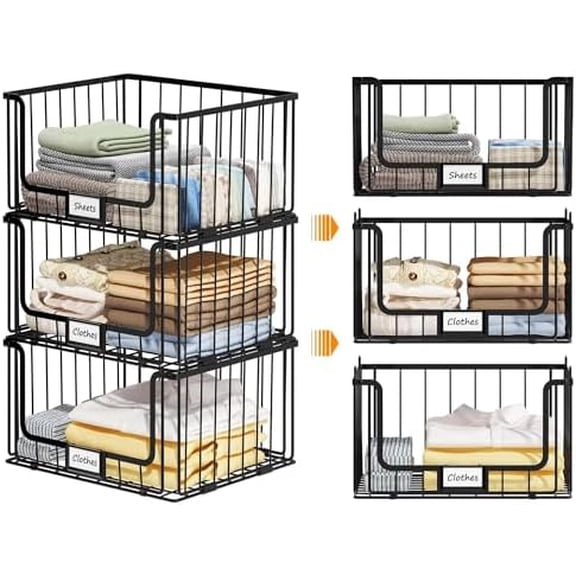 3-Tier Stackable Closet Organizers and Storage, Clothes Shelf Organizer, Foldable Wire Basket Bins, Sweater Storage for Closet and Pantry,11.8" D x 15.7" W, Black