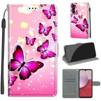 SaniMore Wallet Case for Samsung Galaxy A14 5G 6.6" 2023, PU Leather Color Painting Kickstand Wrist Strip Magnetic Clasp Cash Pocket Card Holders Shockproof Full Protective Case, Pink Butterfly