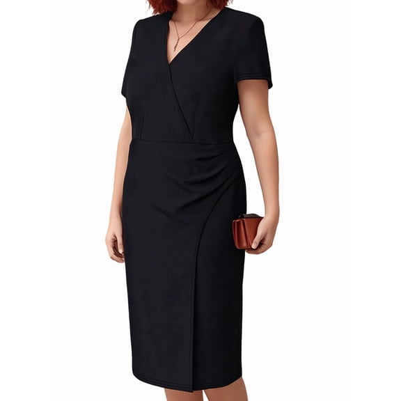 Women'S V Neck Short Sleeve Dress Solid Color Plus Size Casual Summer Maxi Day Gown Office Wear Black XXL