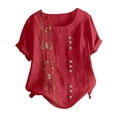 thumbnail image 6 of Tweang Cotton Tunic Tops for Women Vintage Boho Button Shirt Linen Shirts V Neck Button Tunic Tshirt Embroidery Plain Top Soft Loose Blouse Plain Embroidery Blouse Embroidered Shirts Red 3XL, 6 of 9