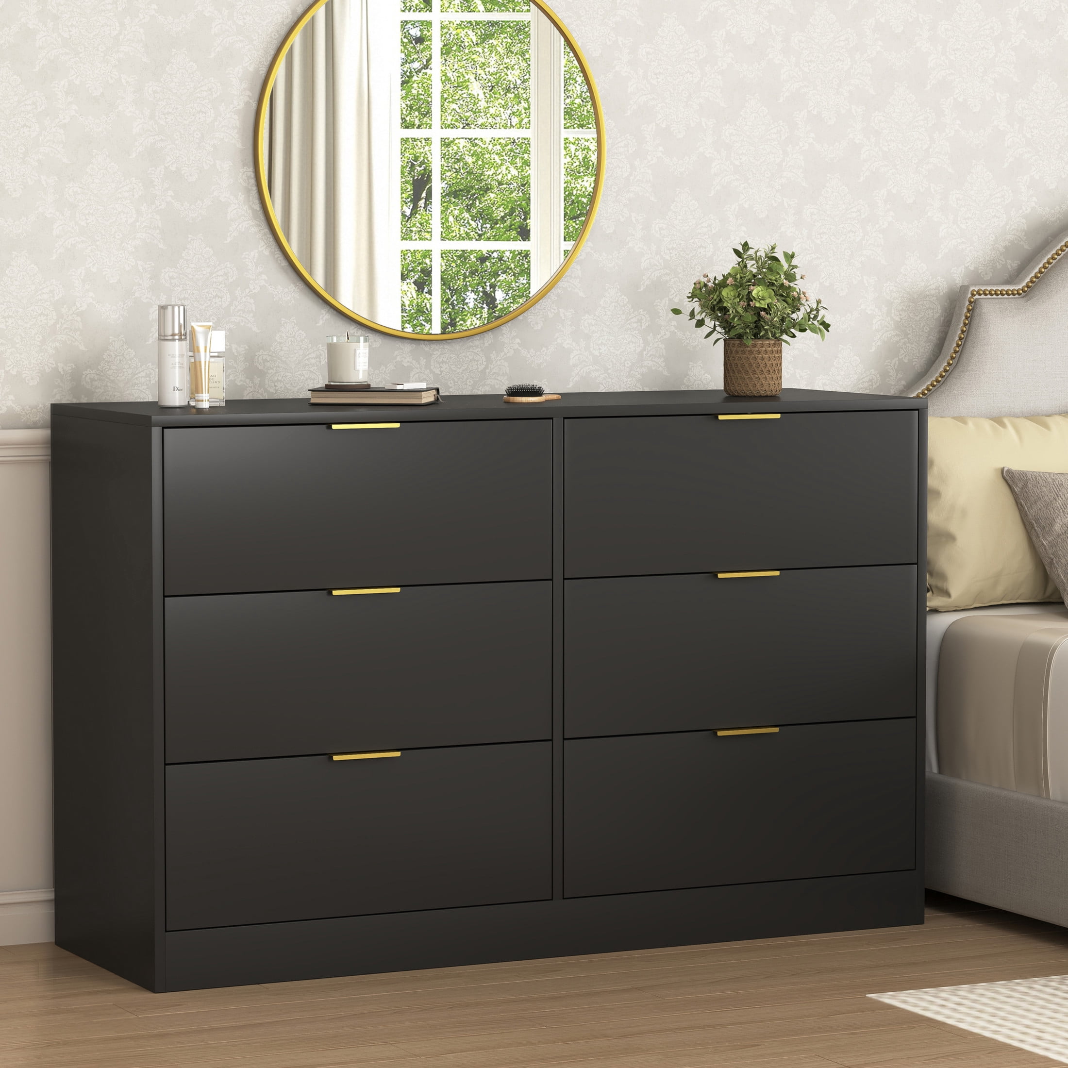 Noble House 6-Drawer Dresser, Wooden Storage Cabinet for Bedroom, Living Room, Black