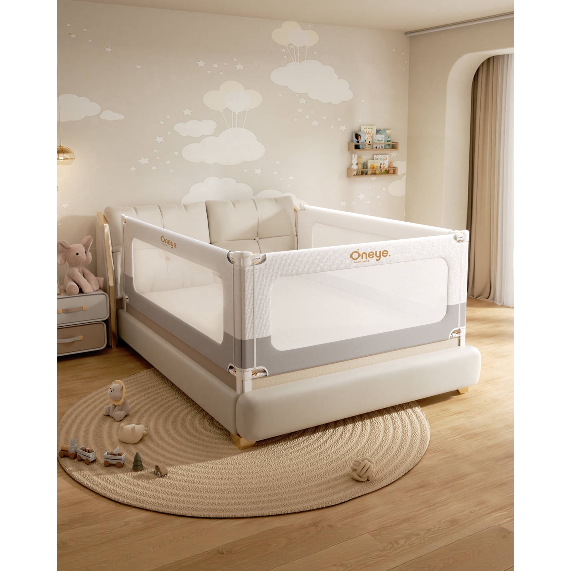 3 Piece Bed Rails for King Size Bed, Thickened No-Drill Baby Bed Rail Guard forToddlers & Kids, Child Safety Side Bedrail/ Baby Bed Railings with Height Adjustable. White/Grey, 74.8x78.7x78.7in