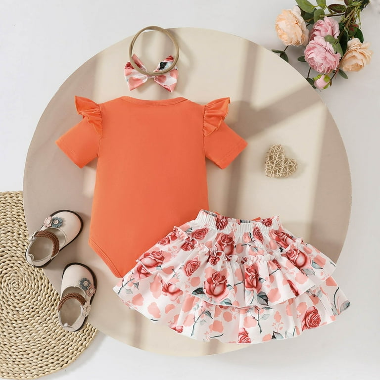 JDEFEG 3Pcs Baby Girl Clothes Romper Cake Skirt Set Floral Summer