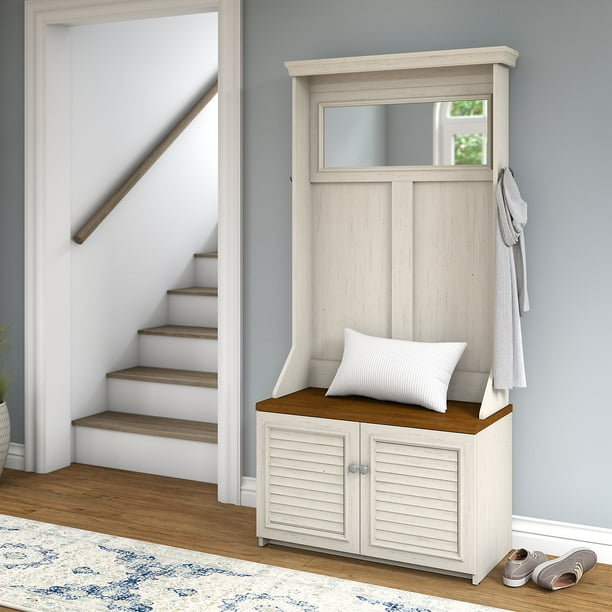 Bush Furniture Fairview Hall Tree With Storage Bench In Antique White And Tea Maple - Walmart.com