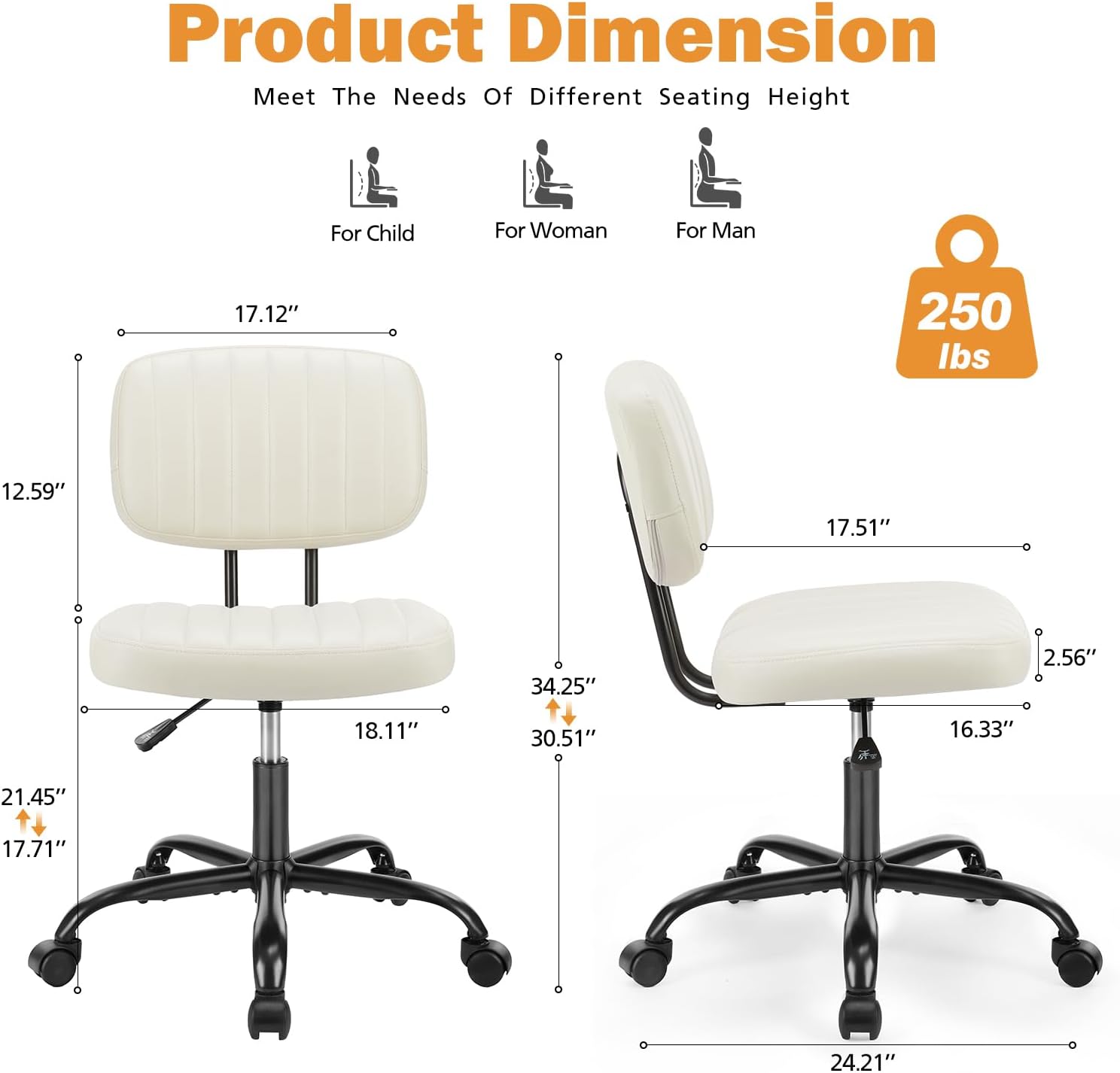 Atilioo Office Desk Chair, Armless Computer Chair with Wheels, PU Leather, Lumbar Support, 360° Rolling Swivel Task Chair for Home Office, White