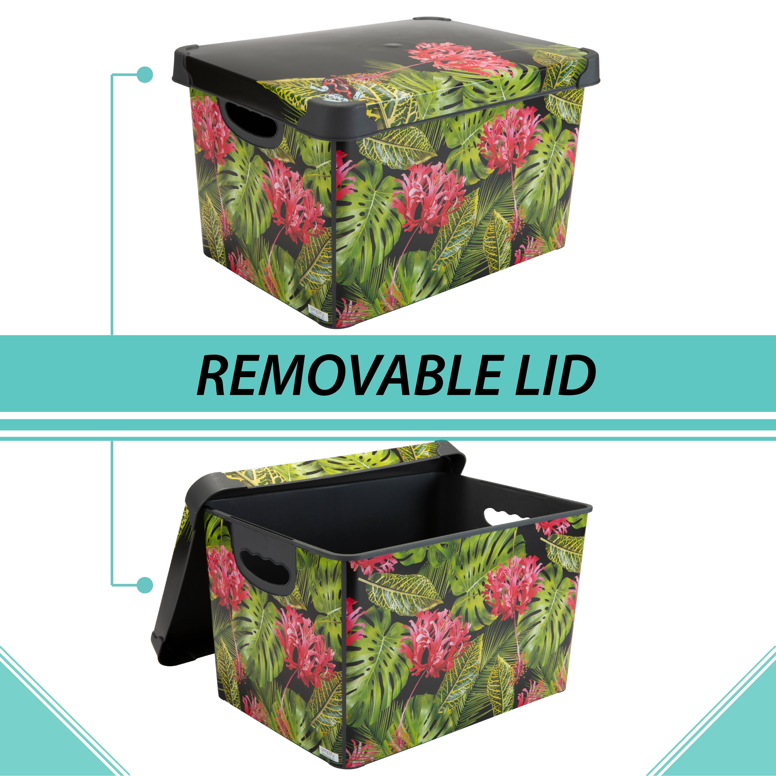 Simplify 2 Pack Tropical Leaf Print Design Plastic Storage Bin, Black