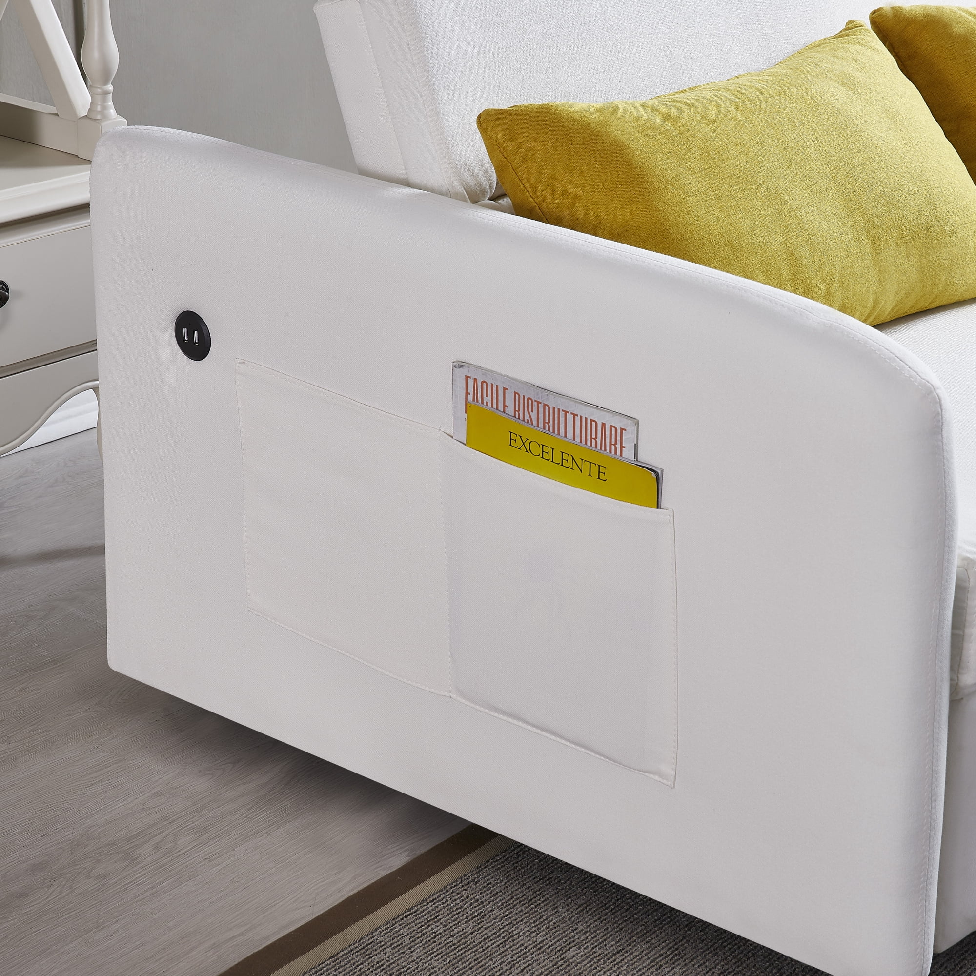 3 in 1 Convertible Sleeper Sofa Bed with Pull Out Bed ,Modern Linen Fabric Upholstered Loveseat Sofa Couch with 2 Pillows and Adjsutable Backrest,Cream White