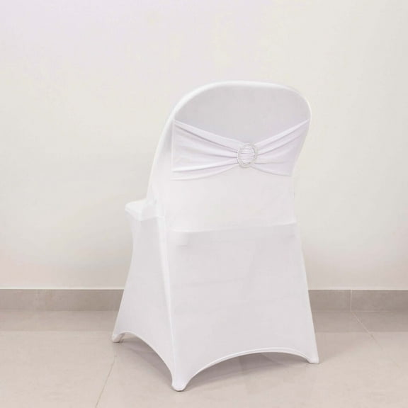 BalsaCircle White Spandex Stretchable Folding Chair Cover Silver Rhinestone Buckled Sash Band Slipcovers Wedding