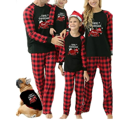 

Thaisu Christmas Family Pajamas Matching Set Letter Print Long Sleeve Tops and Elastic Plaid Pants Loungewear Soft Sleepwear