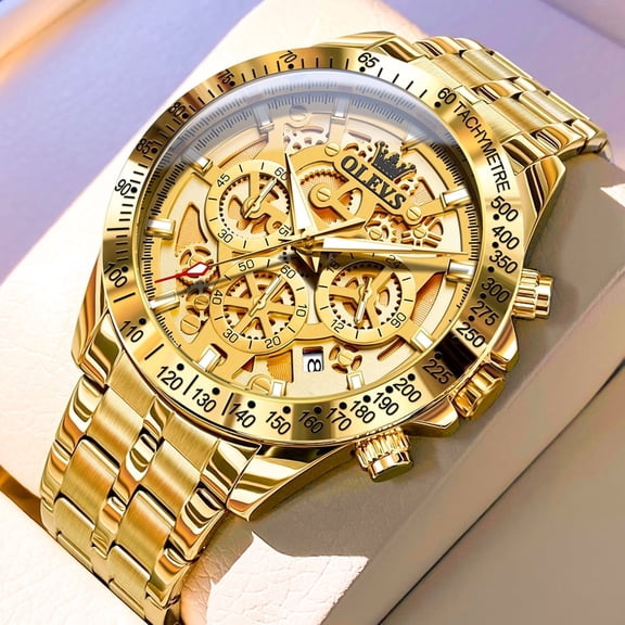 OLEVS Watches for Men Waterproof Luxury Dress Analog Quartz Chronograph Fashion Gold Plated Stainless Steel Luminous Date Classic Mens Wrist Watches Reloj Para Hombre Gold/White/Black Dial