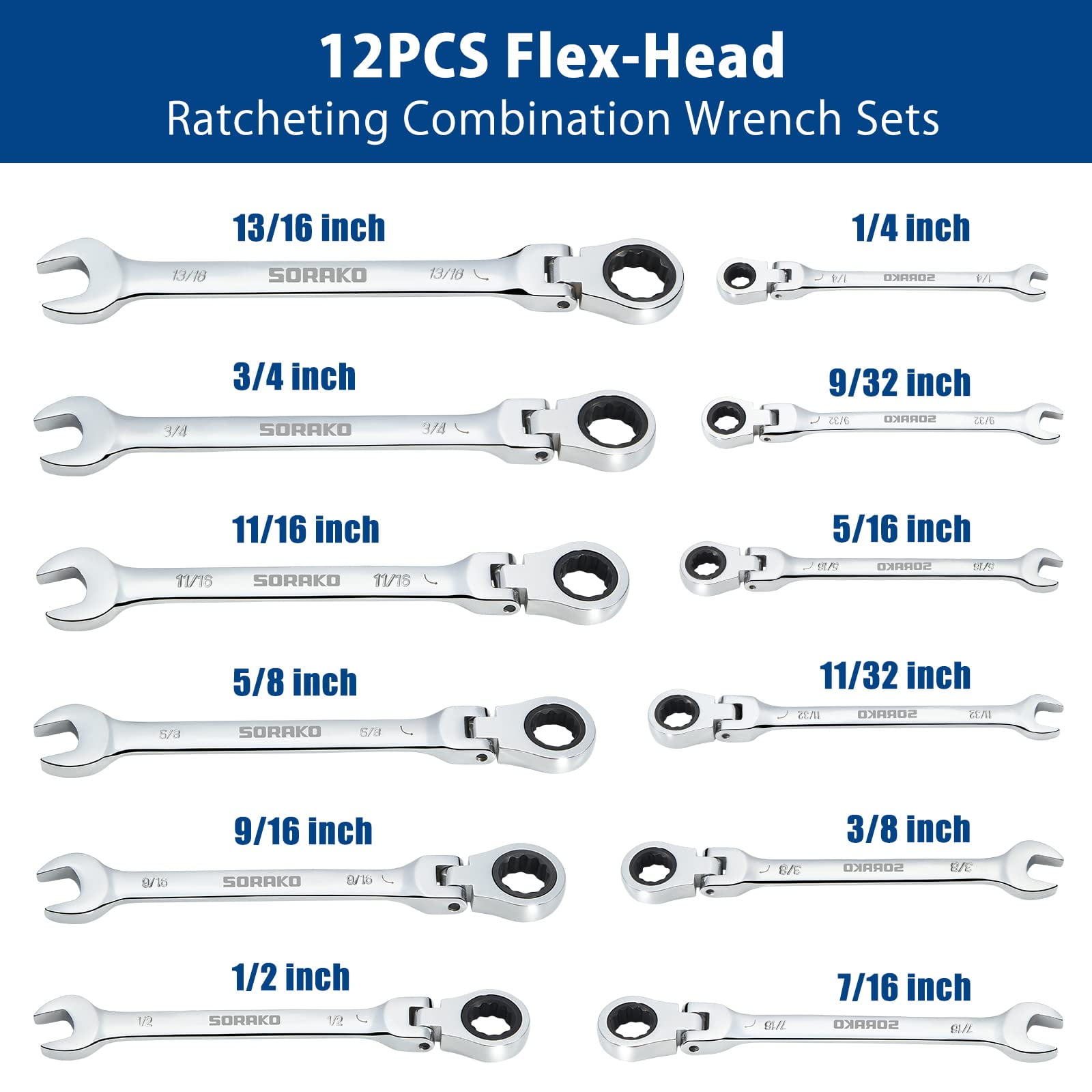 SORAKO Ratcheting Wrench Set Flex Head, 12 Piece SAE Combination Ratchet Wrench kit, 1/4″ - 13/16″ Chrome Vanadium Steel Wrenches