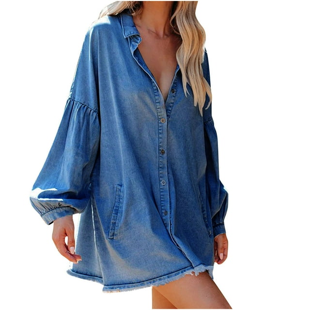 Vestido camisero vaquero ligero de manga larga con bordes sueltos a la moda de verano para mujer Fridja yut643