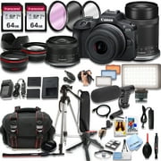 Canon EOS R100 Mirrorless Camera With 18-45mm and 55-210mm Lenses  + 128GB Memory, LED Light, Microphone, Spare Battery, Filters,Case, Tripod, Flash, and More (43pc Video Bundle)