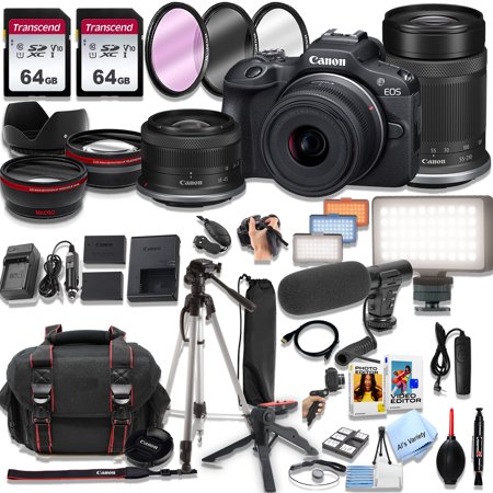 Canon EOS R100 Mirrorless Camera With 18-45mm and 55-210mm Lenses + 128GB Memory LED Light Microphone Spare Battery Filters Case Tripod Flash and More (43pc Video Bundle)