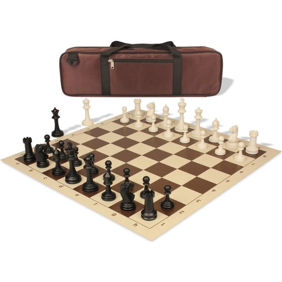 Master Series Carry-All Double-Weighted Plastic Chess Set - Black & Ivory Pieces with Vinyl Rollup Board - Brown
