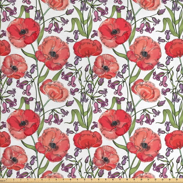 Watercolor Flowers Fabric by The Yard, Poppy Blossoms Burgeoning