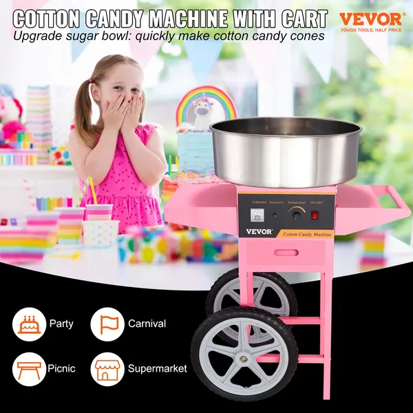 Commercial 1000W Electric Cotton Candy Machine with Cart Stainless Steel Bowl Sugar Scoop Drawer for Home Kids Birthday Family Party Pink