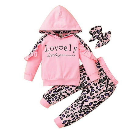 

uukiA 3-18 Months Infant Baby Girl Long Sleeve Hoodie Leopard Printed Pants And Hairband 3PCs Outfits Set
