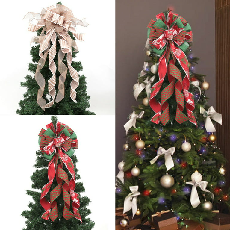 1 Pieces Christmas Bows Tree Topper Buffalo Plaid Bows Farmhouse Large Presents Check Bow Christmas Wreath Decoration Bow for Door Burlap Natural