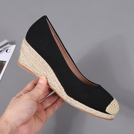 

European and American Straw Wedge Fisherman Shoes Women‘s New Four Seasons Canvas High Heels Slip-on Shoes