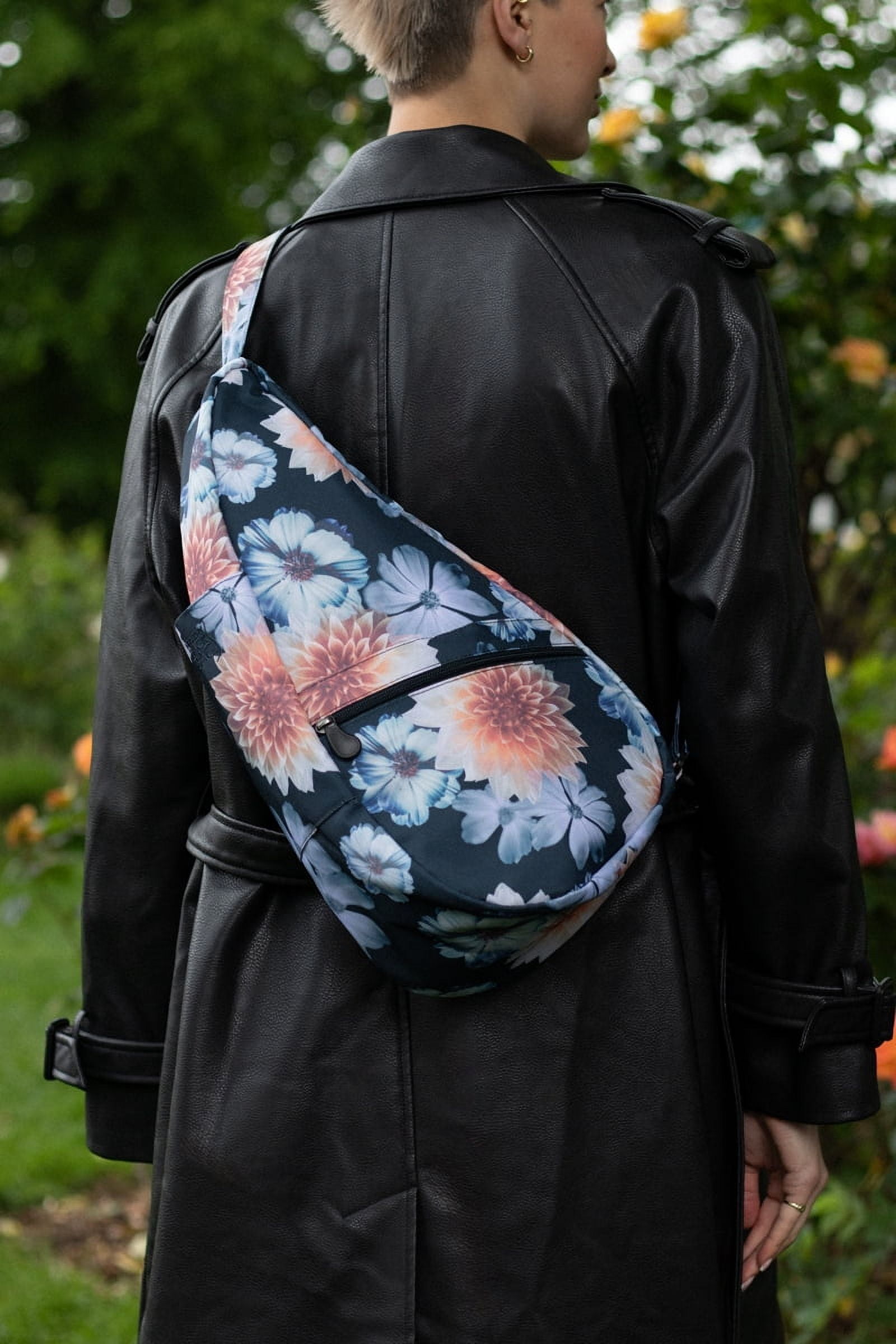 AmeriBag 17" Print Crossbody Sling Healthy Back Bag (Dahlias)