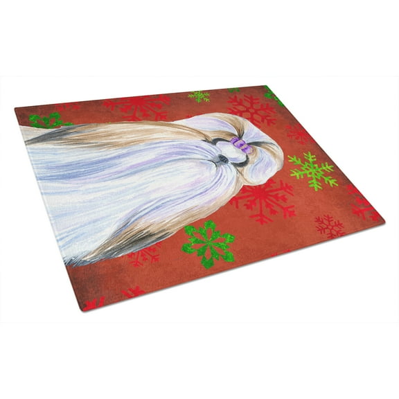 Caroline's Treasures Shih Tzu Red and Green Snowflakes Holiday Christmas Glass Cutting Board Large