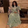 thumbnail image 4 of Women's Retro Print Stand Collar Long Sleeve Waistband A-Line Long Dress, Thin Light, Slight Perspective, 4 of 18