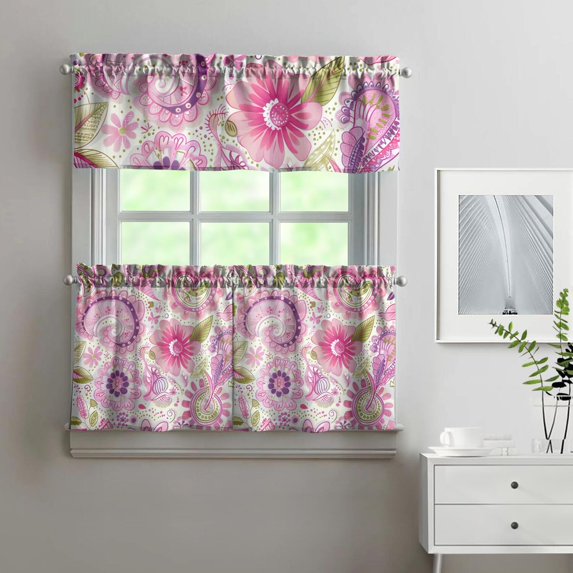 Boho Bloom Curtains 24 Inch Short - 3 Panel Rustic Farmhouse Set with Vintage Wildflower Print, Rod Pocket Kitchen Window