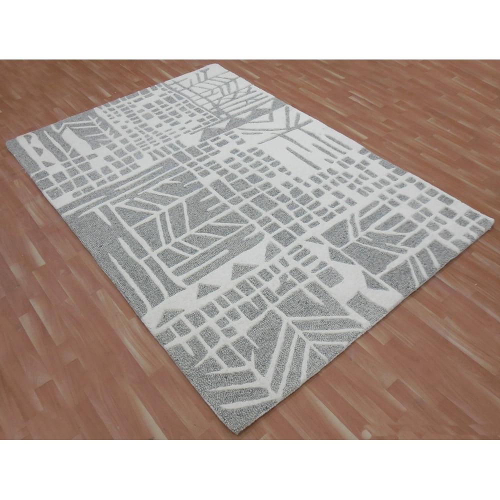 Modern Rich Wool Area Rug 7x9 ft Hand Tufted Grey & White by MystiqueDecors Family Media Dining