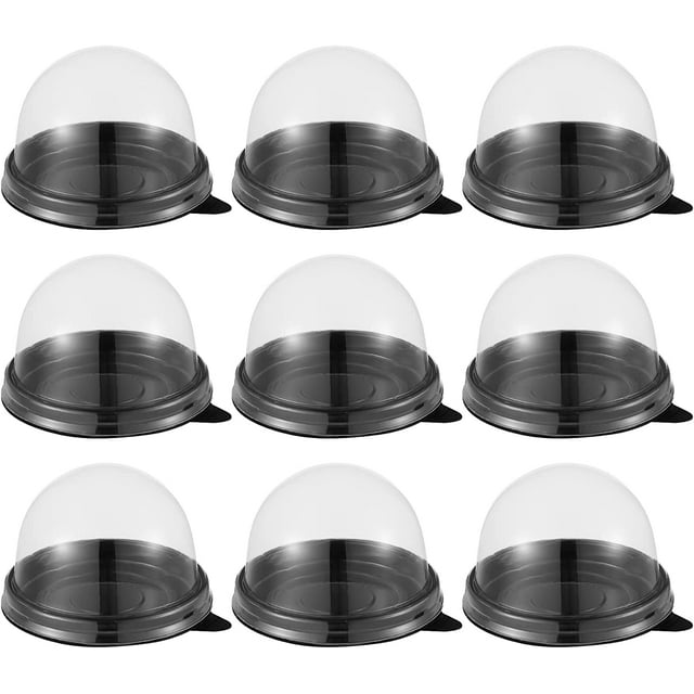 100 cajas de plástico transparente redondas para cupcakes, caja de embalaje para hornear, color negro — vista frontal de varias unidades con base negra y tapa cúpula transparente; tamaño 7 x 7 x 5 cm, empaque individual para cupcakes, mini pasteles y postres en bodas y fiestas; a menudo se usan también para presentar y transportar bombones o pequeños regalos.