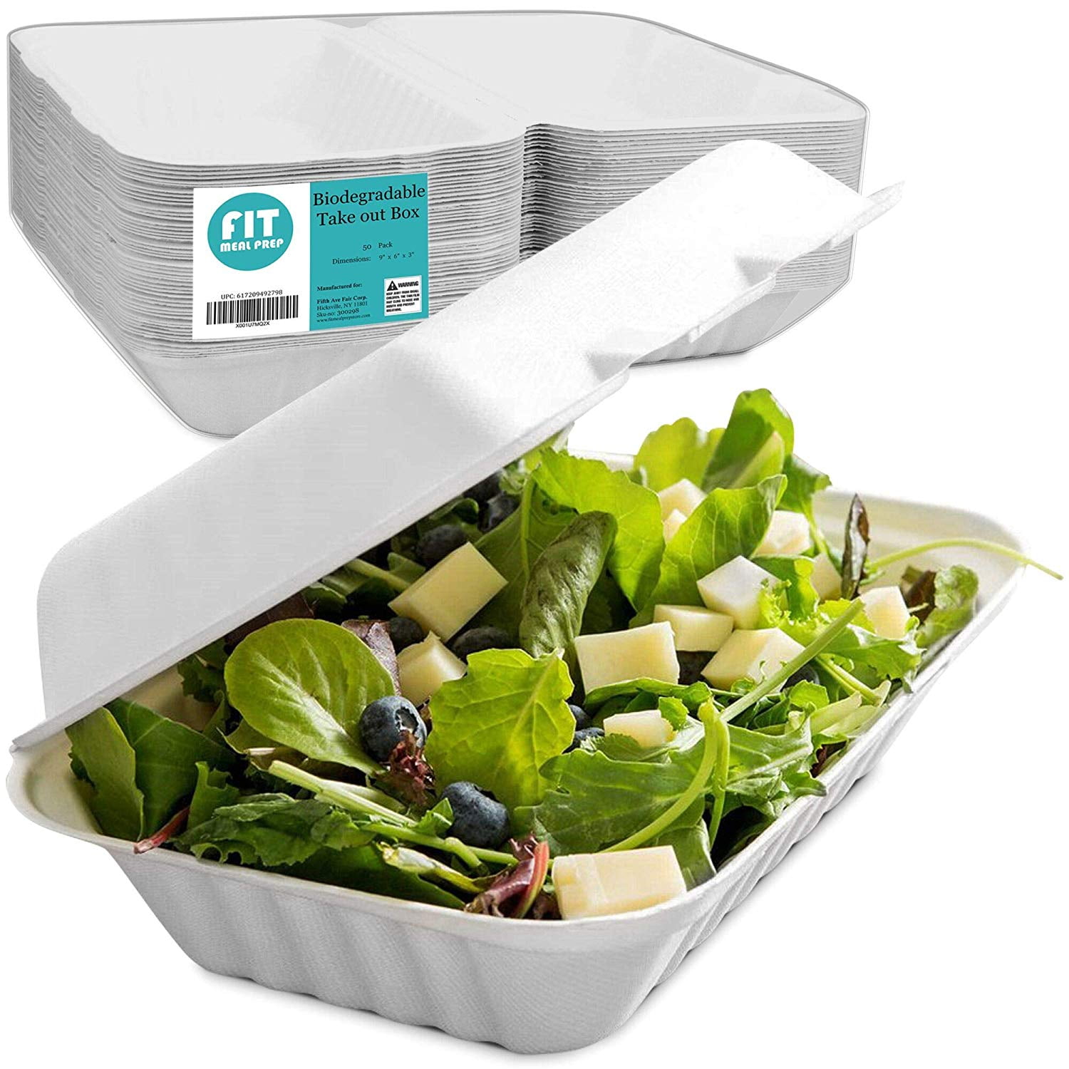 50 Pack 9 Inch 3 Compartment Compostable Hinged Take Out Food Container
