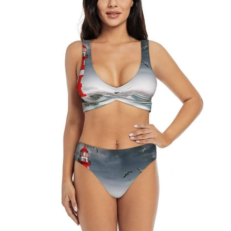 Zeuib 3d Lighthouse in the Surf High Waisted Tummy Control Bikini Set - Knot Front Push Up Top & Cheeky Thong Bottom  Two-Piece Swimsuit for Women-Medium