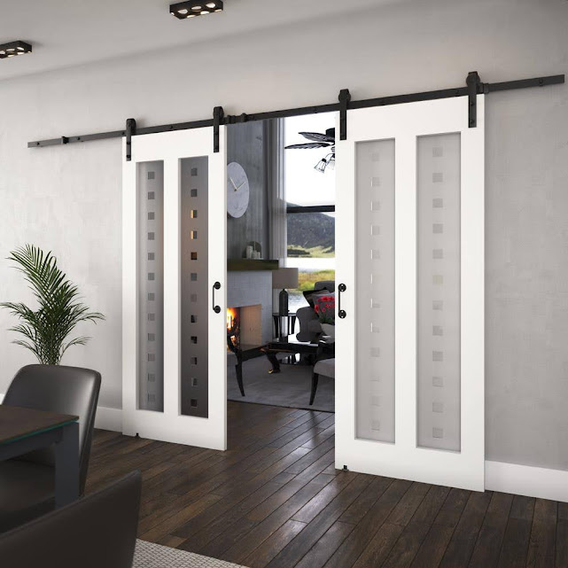 32 in. x 84 in. x 1-3/8 in. Silkscreen Glass 2-Lites Shaker Primed Solid Wood Core Interior Barn Door Slab