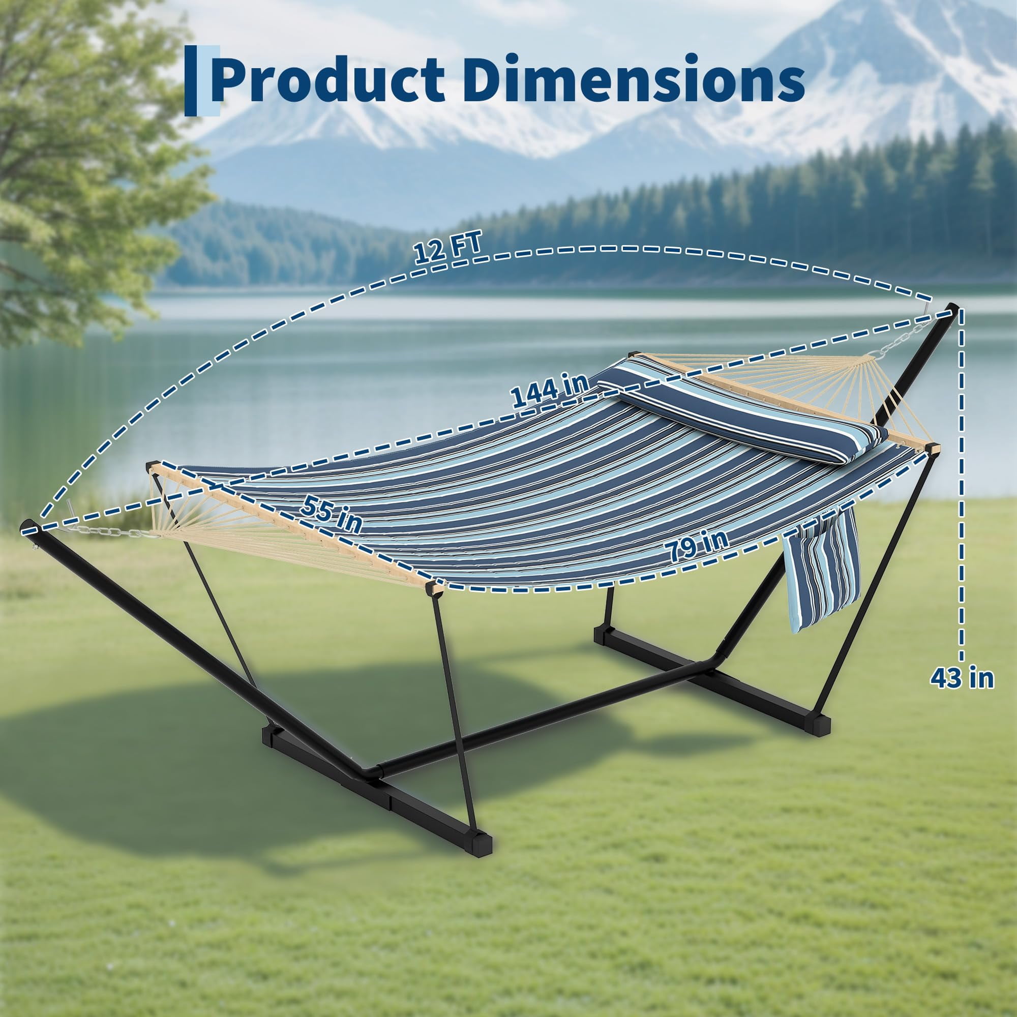 Double Hammock with Stand for Outdoor, Heavy Duty Portable 2 Person Hammock with Adjustable Steel Stand for Patio, Garden, Beach, Backyard