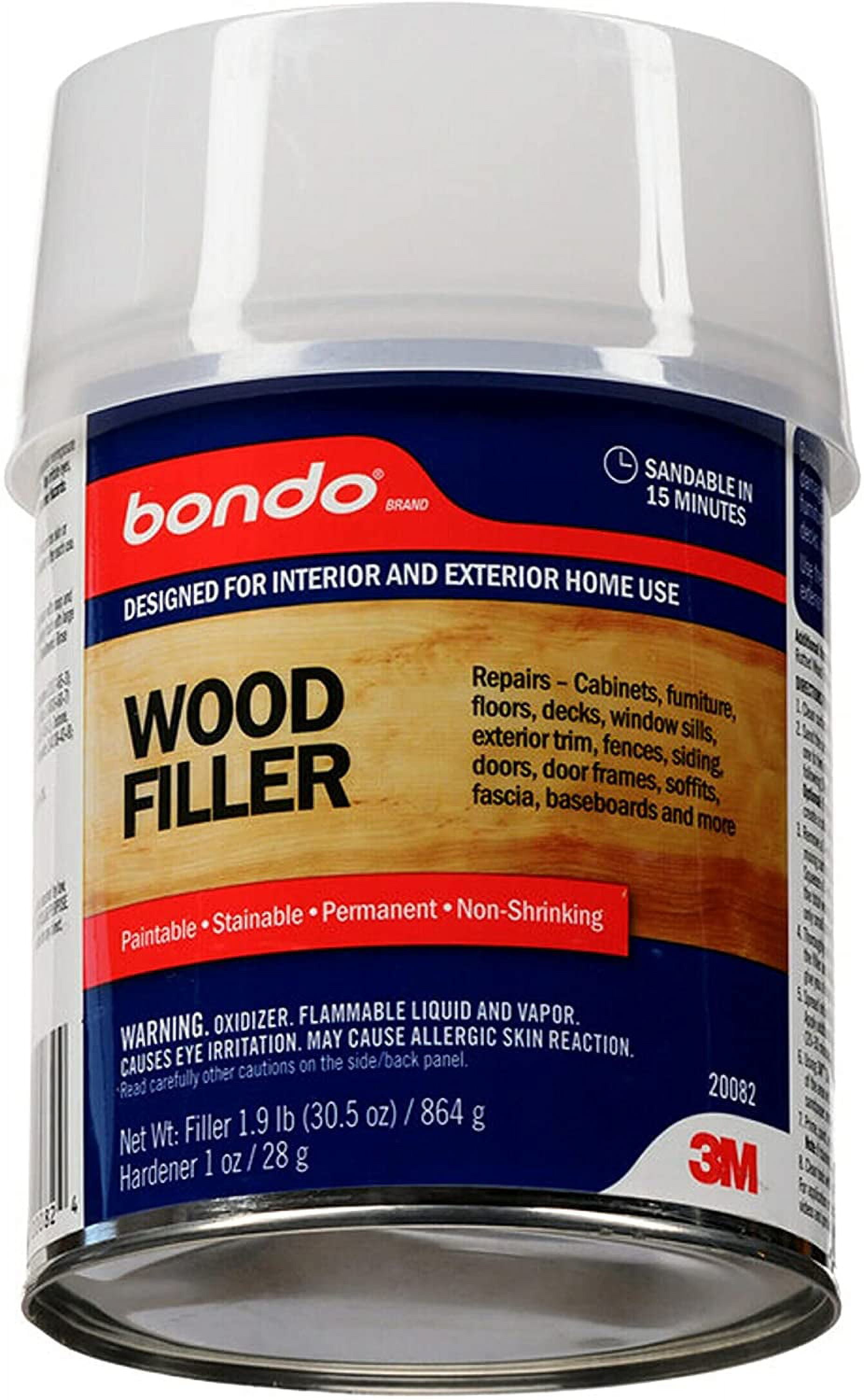 3M Bondo Wood Filler – 30 fl oz, High-Performance Two-Part Formula for Interior and Exterior Wood Repairs, Fast-Curing, Paintable, Stainable