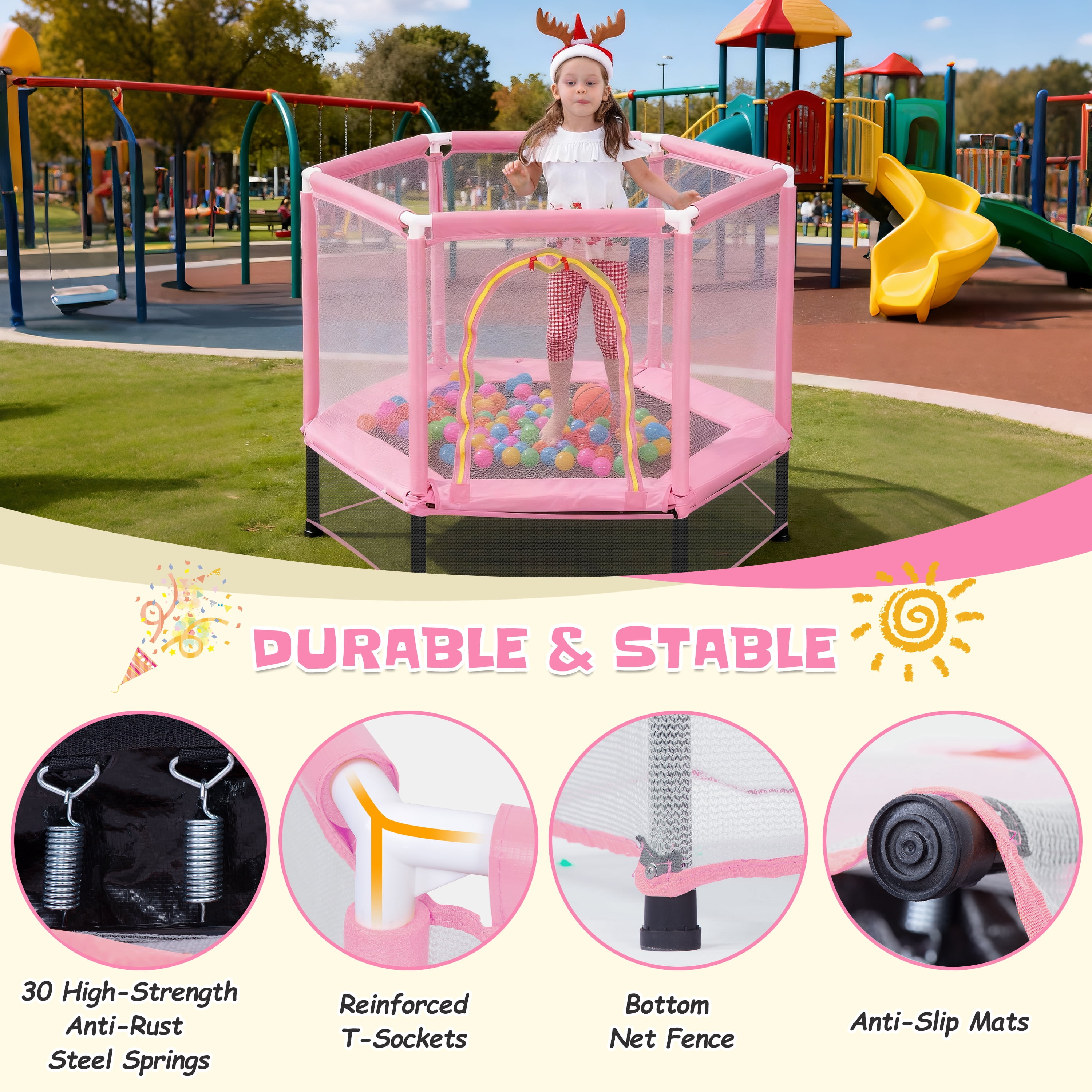 EUROCO 55" Mini Toddler Trampoline with Ocean Balls, No-Gap Design, Small Round Trampoline for Kids with Upper&Lower Safety Net