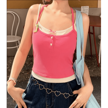 Halter Neck Pink Guava Patch Tank Top, Women's