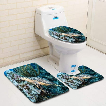 Sea Turtle Bathroom Rug GOHAO Hawksbill Sea Turtle in Coral Reef in Caribbean Sea Around Curacao 3 Piece Bathroom Rugs Set Bath Rug Contour Mat and Toilet Lid Cover ()