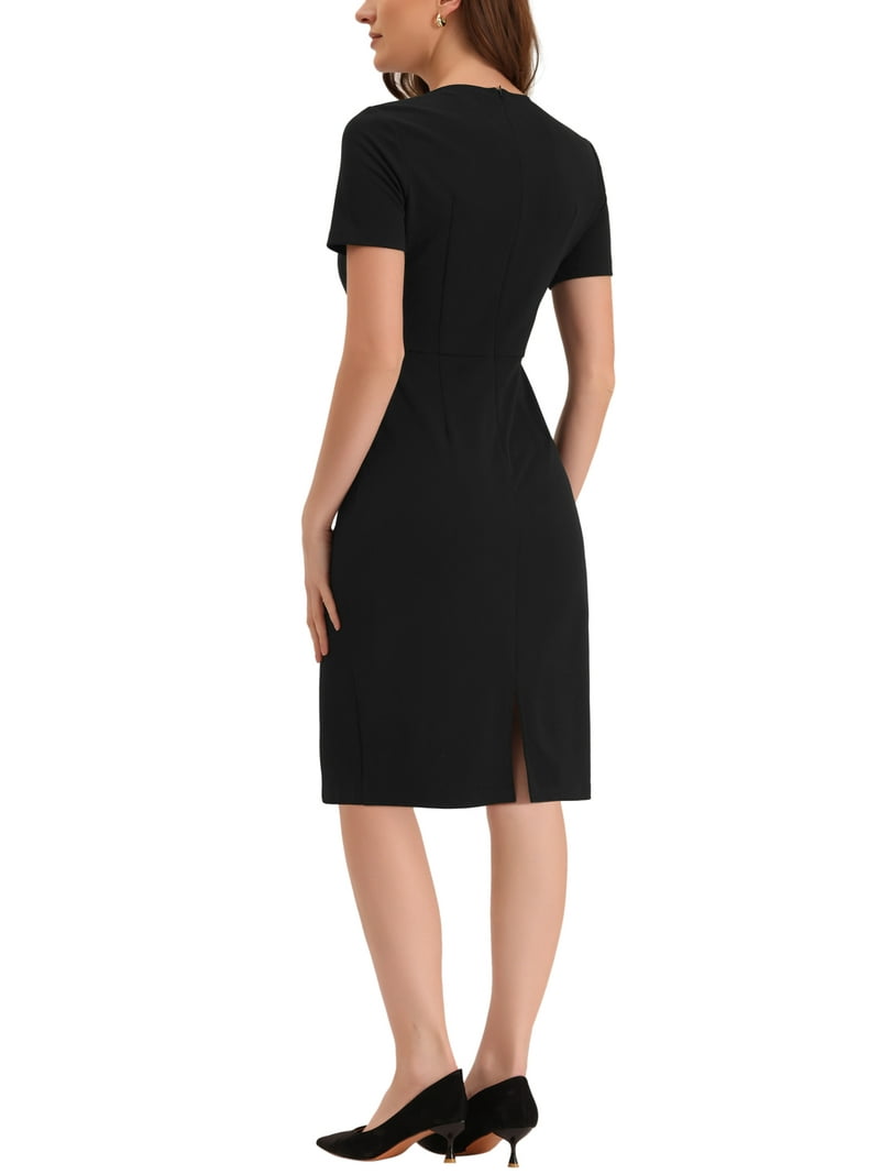 short black pencil dress Black Pencil Mini Dress, Boat Neck Short Sleeve