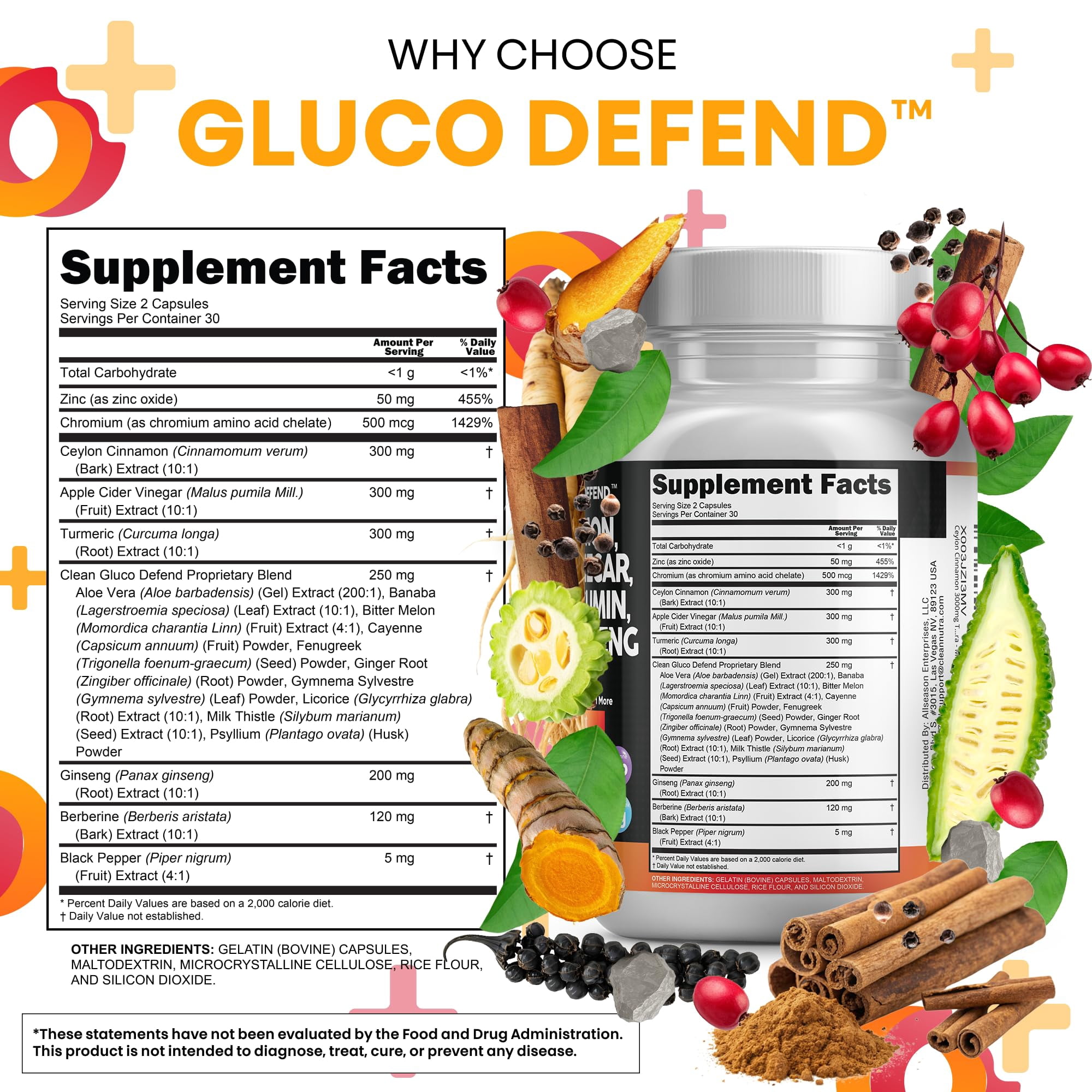 Clean Nutraceuticals Ceylon Cinnamon Capsules + Berberine Turmeric Apple Cider Vinegar Ginseng Bitter Melon Gymnema Milk Thistle Fenugreek Supplement Pills Powder for Men & Women
